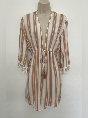 Blue Island Women’s Cream & Tan Striped Swim Cover-Up Dress Size S